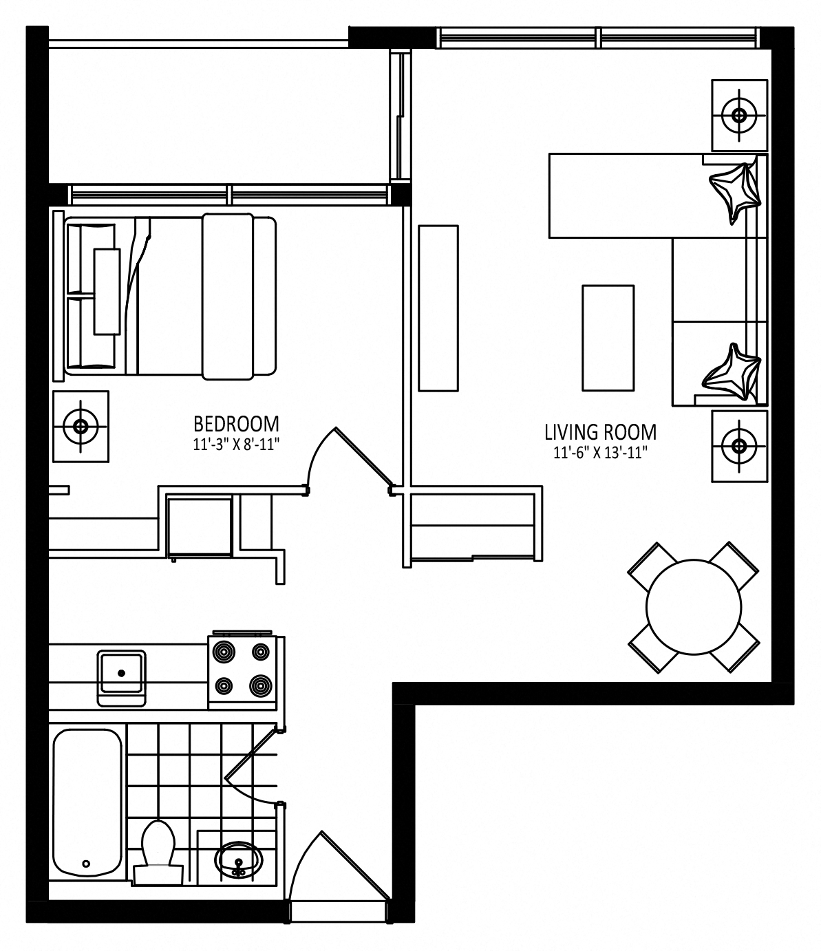 Floor plan for 1 bed, 1 bath, 526 sqft